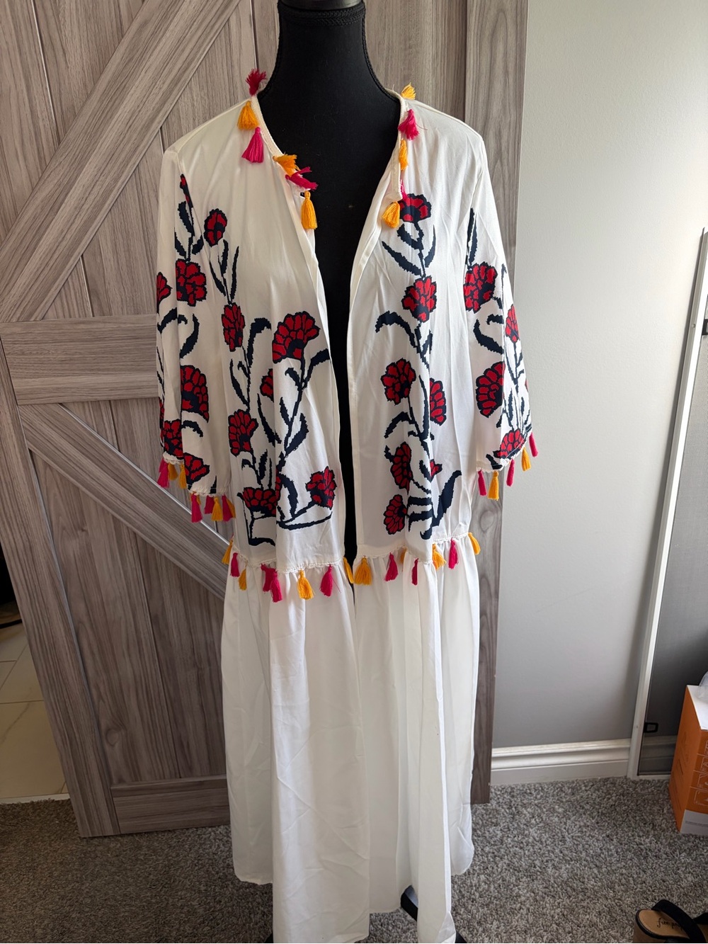 SHEIN White Maxi Dress with Red Floral Embroidery and Pink/Yellow Tassels